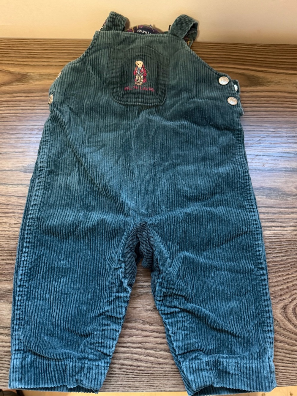 Green Ralph Lauren corduroy overalls bear 🐻 front panel size 6-12 months
